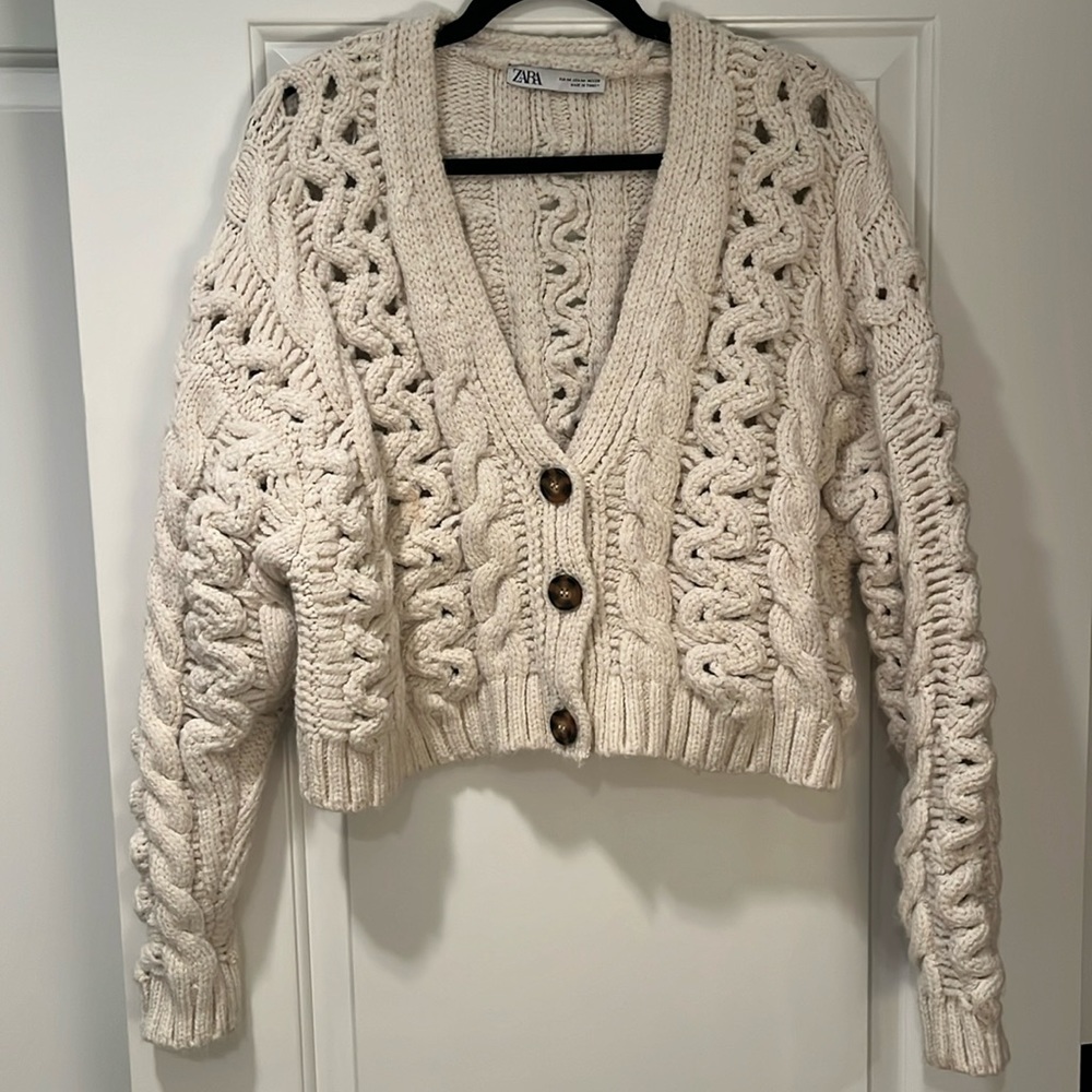 Cropped cable knit cardigan